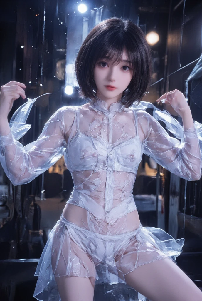 (Best Quality), (Ultra-detailed), (Lastration), (Detailed light), (extremely delicate and beautiful), 1young girls, Brown hair, Brown eyes, Model Beauty, (Taut:1.3), Bare shoulders, (bared  chest:1.2), Best Quality, extremely detailed CG unified 8k wallpaper, High-definition raw color photos, big breasts thin waist、professional photograpy, (((Bokeh))), depth of fields, Twilight, Sunset,(((Transparent underwear:1.5)))、a beautiful slender girl、A gentle smile full of happiness、Expression in a state of excitement、yawning being、panting、20yr old、dark brown short  hair、eye glass、half-opened mouth