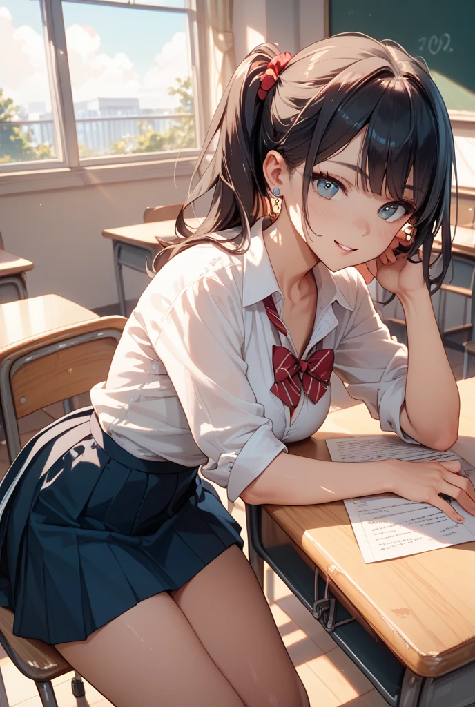 (((Masterpiece, highest quality, high definition, high detail)))), (((modern))), ((Inside college library)), ((standing in library)), (((one girl))), detailed eyes, beautiful face, tomboy, student clothes, girl with dark skin, ((long black hair in a bun)), hazel eyes, blunt bangs, wearing student clothes, student skirt, blushed face, large breasts, (dark skin*0.8), (long brown + wavy hair*1.2), looking at viewer, kind look, smiling sweetly
