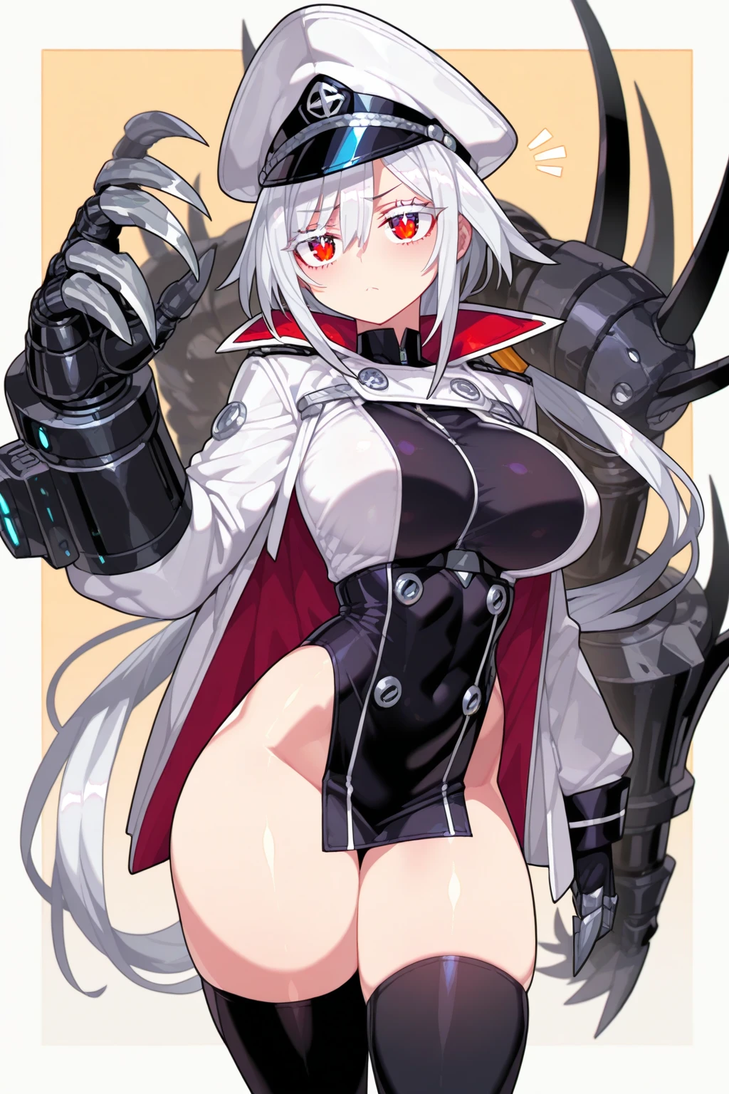 1girl, W \(arknights\), arknights \\\\\ masterpiece, best quality, very aesthetic, absurdres, newest \\\\\\ slim body,///// ,by nyantcha,cutesexyrobutts , by khyle,,////// ,,solo,, , ,,detailed face, , ,, , , , , beautiful face, (white background:1.2), , sexy, , orange eyes, , , rating:nsfw,,big tits,), in the center of the frame,,short hair, ,lingerie garter belt,, black openwork bra, wears a lab coat, arms on hips
