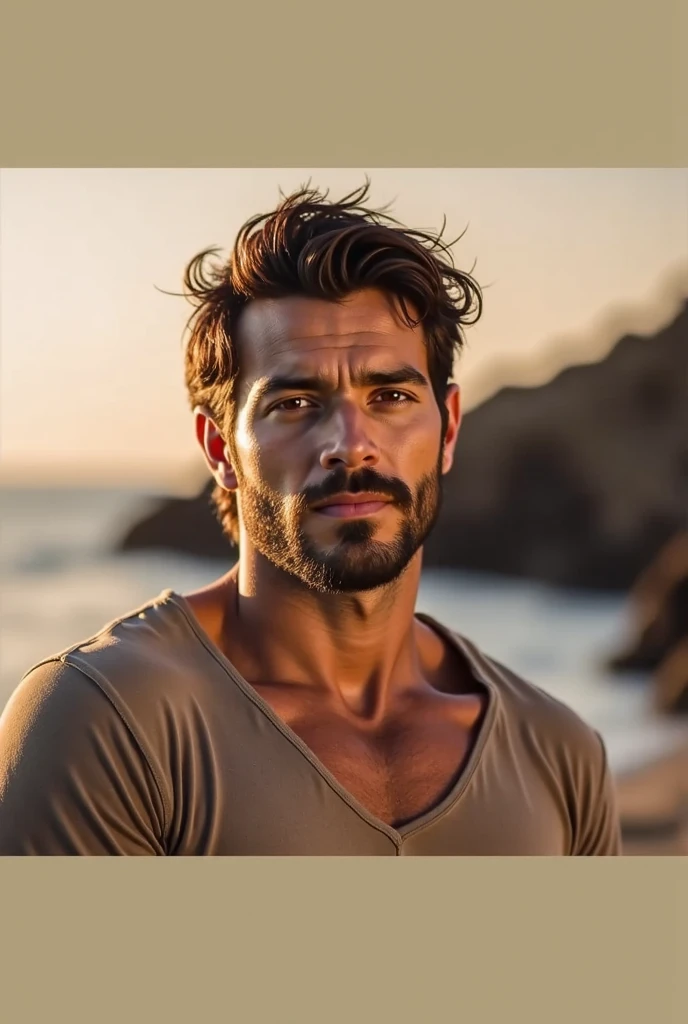 He is tan. He has beard and tall. He is very handsome. He is 20 years old