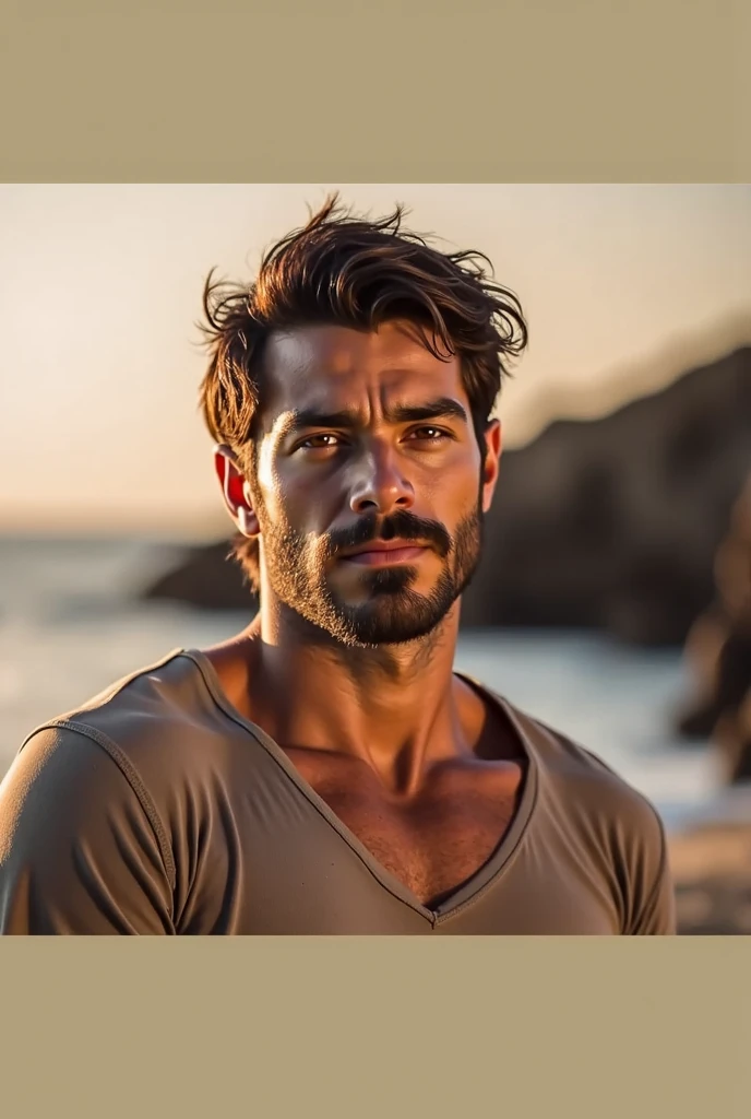 Sensual photo of a muscular man with a mustache and light brown rebellious hair, he's on the favela hill of Brazilian houses, he is naked, sensual look at the camera, homem gay sensual , hot sun sweating 