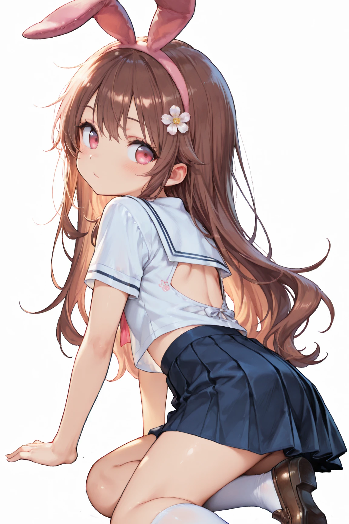 ((masterpiece,Highest quality;1.3,best illustration)), Perfect Anatomy,cowboy shot,ass pov,having sex,1woman、20 year old beauty、独奏,((very small head:1.5)),brown hair,long hair,bangs,brown eyes,gorgeous eyes,blush,small breasts,((very long body:1.3)),((toned body,slender body,skinny)),gleaming skin,shiny skin,oily skin,sweat,(school uniform、Sailor suit、mini skirt)、on street,Tokyo、