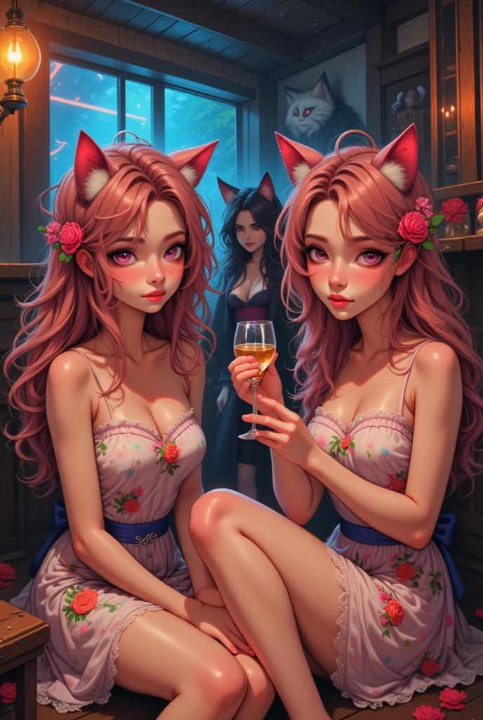 Mucha rough sketch style , Hallucination, daydream , nightmare , Insane Dream , bokeh , erotica , realistic Japanese female mouse , round face , Seductive eyes , (Cleavage:0.5) , realistic long nose , hair tie , Bar, Cocktails , cheese , (relax Clothes)