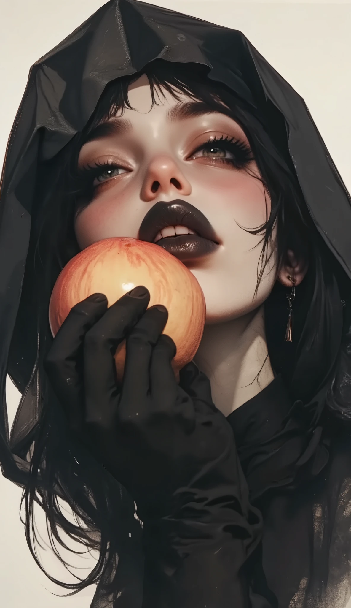 ((kissing black apple:1.5)),side view,fashion photography portrait,1 girl, solo,(closed eyes:1.3),feminine,award winning photograph, photorealistic,beautiful black eyes, sexy,wearing nun costume,cross earning ,thick black lips,depression,black hair,red cheeks,long straight hair,pale skin,black opera length gloves