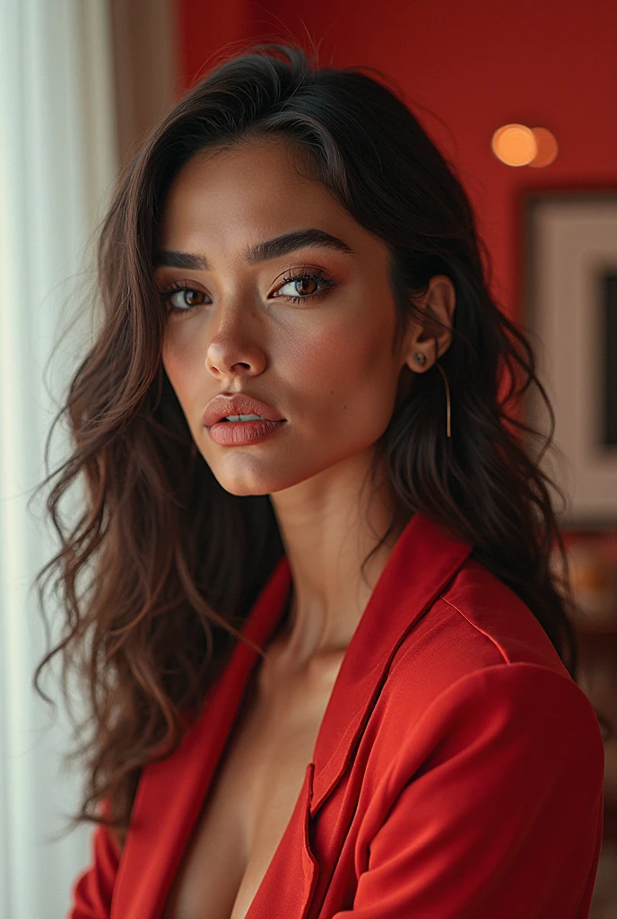 Profile picture of well dressed young Brazilian woman in red outfit with makeup and Realistic