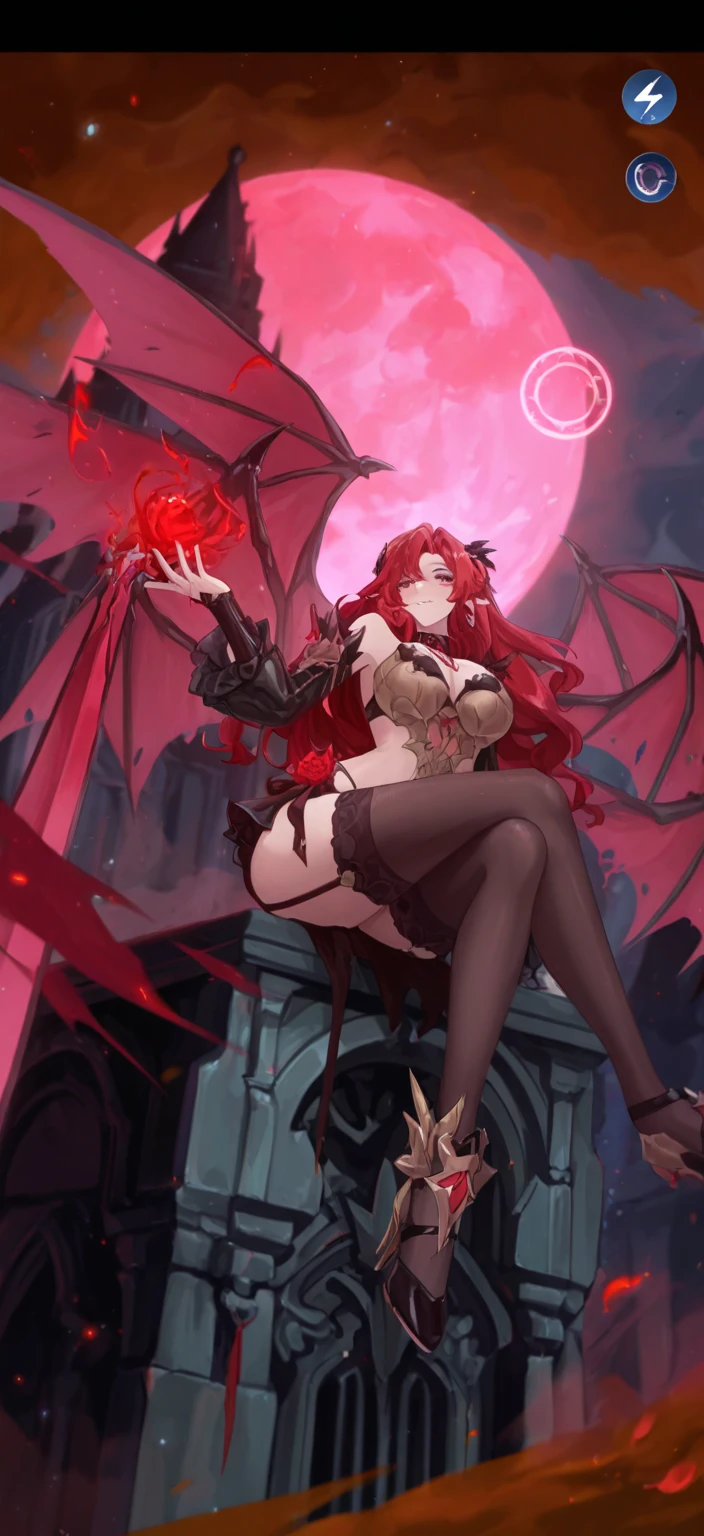 woman, disheveled brown long hair with a purple tint, horns and a dragon tail, a black open dress with lots of details, blank scary gaze with no emotions, red lipstick, pale skin, dark background