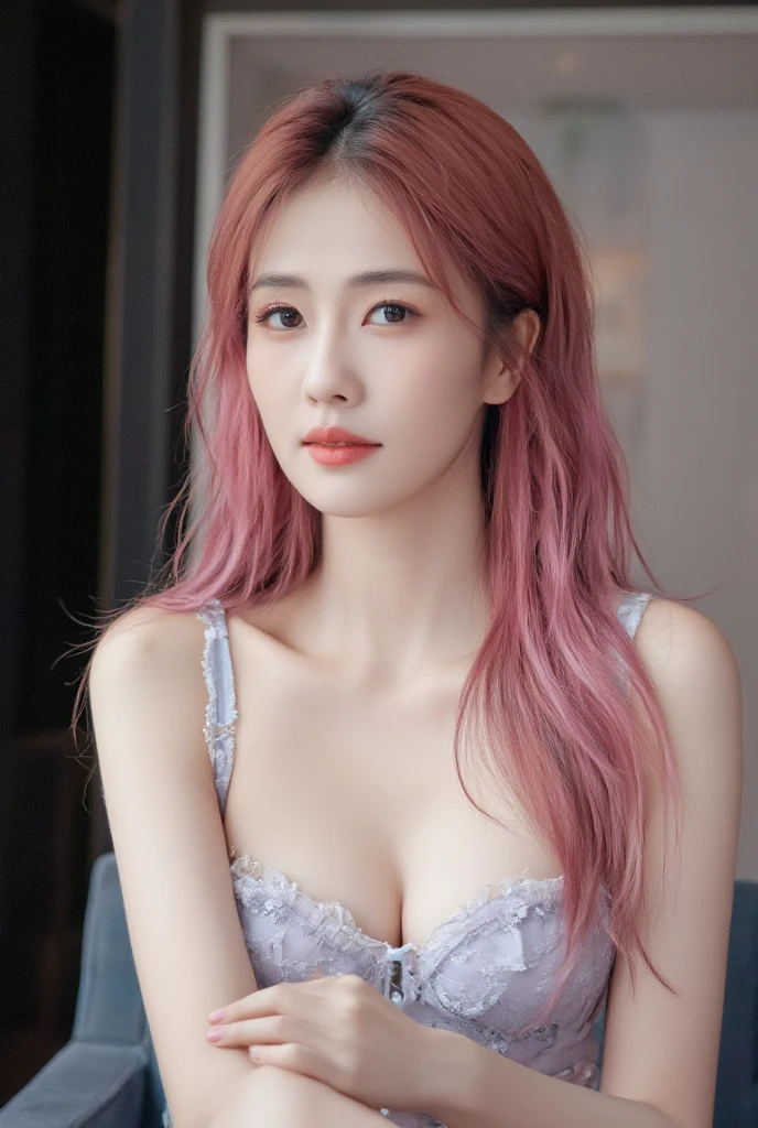 Best quality at best，Ultra-high RES，(Photorealsitic: 1.4)，(Beautiful girl details: 1.4)，(mediuml breasts: 0.8)，Looking_at_peeping at the viewer，Detailed facial details，Beautiful detailed eyes，(multicolour | blue colors | with pink hair: 1.2) greene eyes，Slender，haunting smile，(putting makeup on: 0.4)，Redlip，(full bodyesbian，sitted，trpical garden)，Highly detailed clothes，(ulzang-6500-v1.1:0.3)，Better - camera-1
