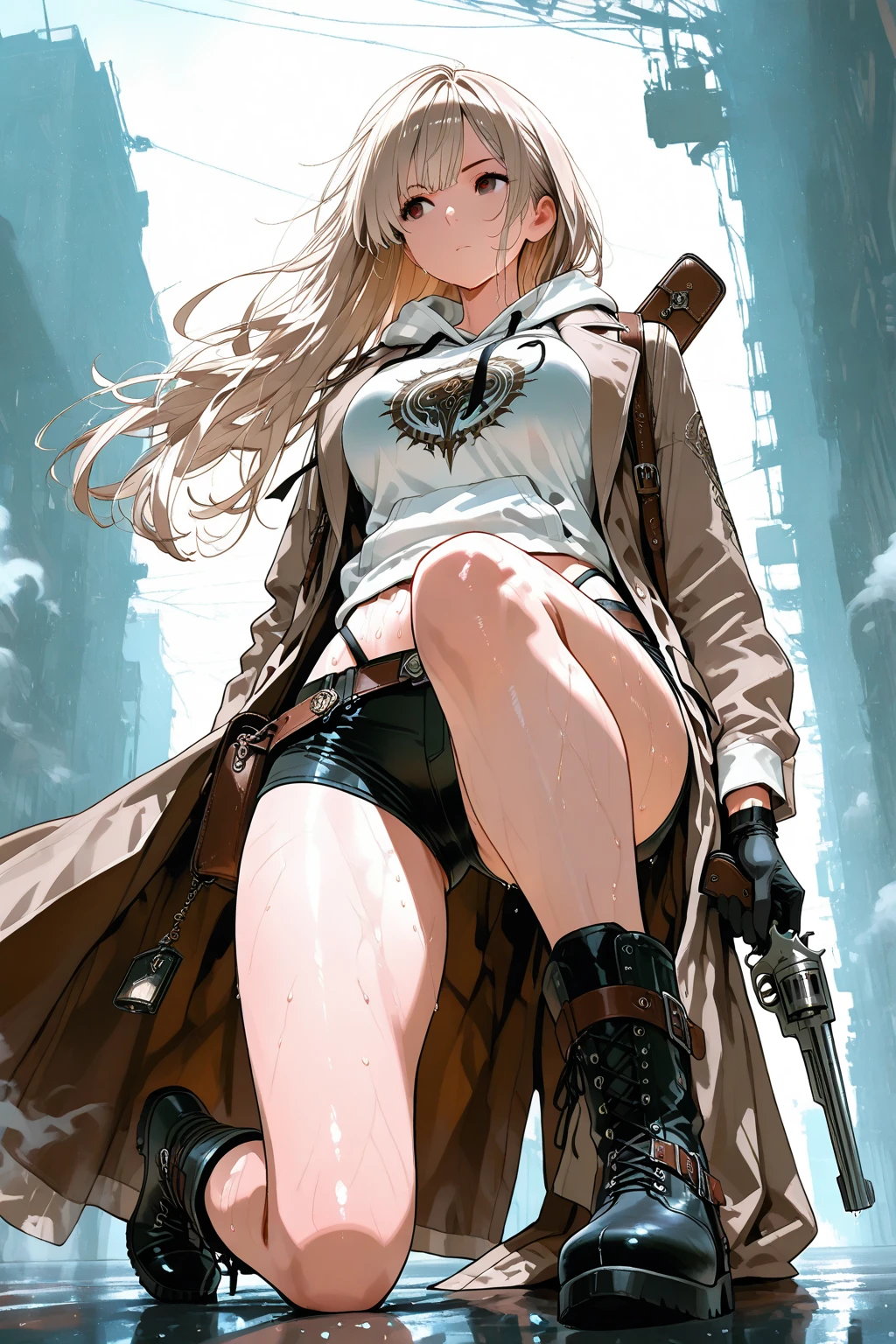 (nsfw), Ah Style, Attack on Titan, Krista Lentz, One girl, belt with a prominent buckle, Blonde hair with blue eyes, Brown leather boots and brown pants, Chest belt with a diamond-shaped buckle, Collared shirt, Floating hair that often covers her left eye, Seen from the side, Whole body is visible against a gray background, She has hair falling between her eyes and places her hands on her thighs, Long hair that reaches her waist, Long sleeves on her white shirt, Her future outlook is unclear, She looks at herself with her lips parted, Wearing black shoes with straps that go over her thighs, She's