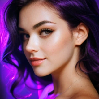 One female , bright purple eyes , "pupils glowing purple" , "two color hair, black hair , blonde highlights" , very_long_hair , large_breasts , perfect figure , playboy_bunny , detailed face , masterpiece , best quality , ultra detailed , (detailed background) , perfect shading , high contrast , best illumination , extremely detailed , ray tracing , realistic lighting effects , neon noir illustration , perfect hands:1.1