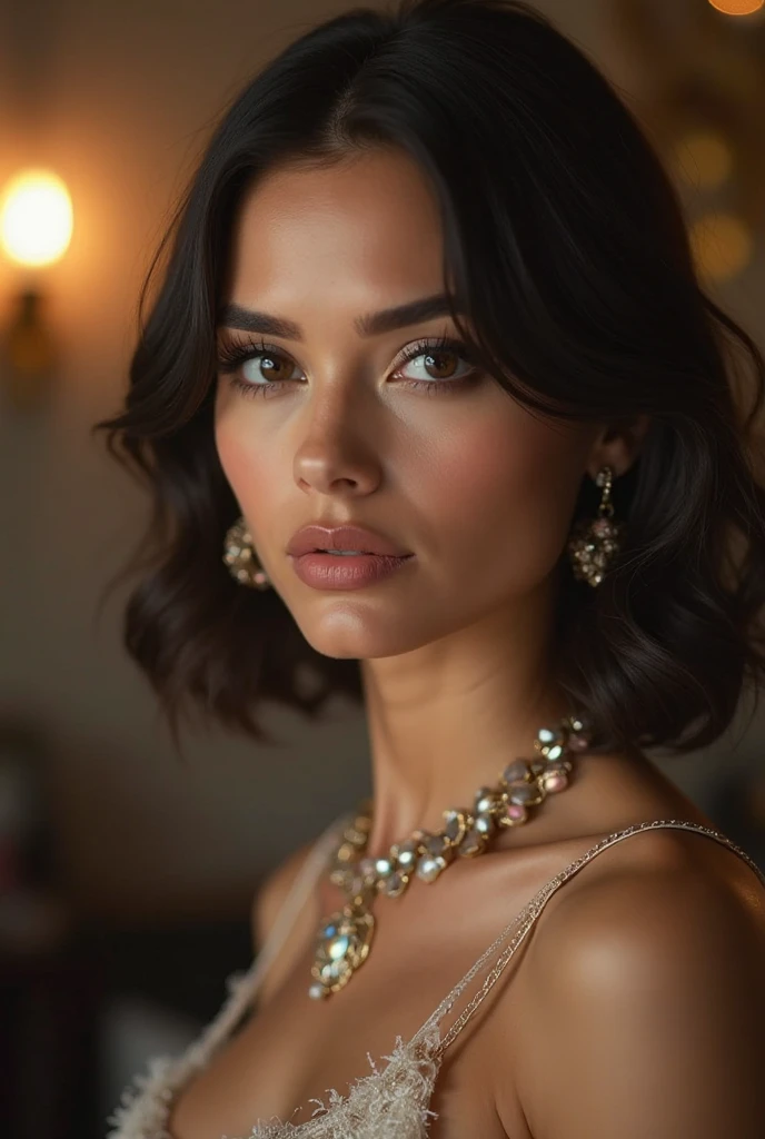 a beautiful female portrait, elegant woman, high quality, detailed face, detailed eyes, detailed lips, realistic, photorealistic, hyper detailed, 8k, cinematic lighting, dramatic chiaroscuro lighting, dramatic lighting, dramatic pose, elegant dress, luxury, high fashion, expensive jewelry, glowing skin, intricate details, award winning, artstation, digital painting