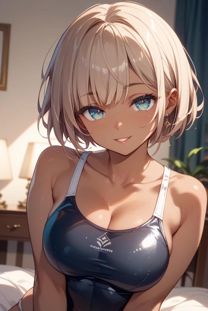 (highest quality), (masterpiece), (High resolution), (intricate details:0.2),(professional lighting), room, detailed background, Oversized black t-shirt, off shoulder, (previous view), 1 girl, alone, (beautiful face:1.40),  Because I&#39;m slender, fine skin, smile, masterpiece、highest quality、be familiar with、1 female、18-year-old、Transparent blue eyes、blonde、black skin、((embarrassed face、blush、Watery eye、full of embarrassment、oil skin、shiny  skin)), short hair、Seductive thighs、big breasts、big breasts cleavage、((sexy swimwear、pool)), ((full shot, Vulgarity))、(sweat,steam,wet), Bright sunbeams
