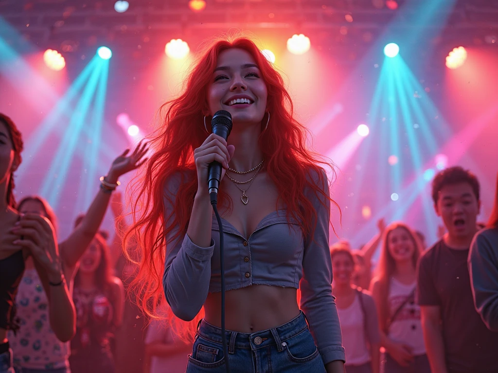 girls children REDHEADS WITH STRAIGHT HAIR,RED BACKGROUND, (best quality, masterpiece), 1girl, idol, singing, happy, backlighting, long hair, stage, looking at the viewer,