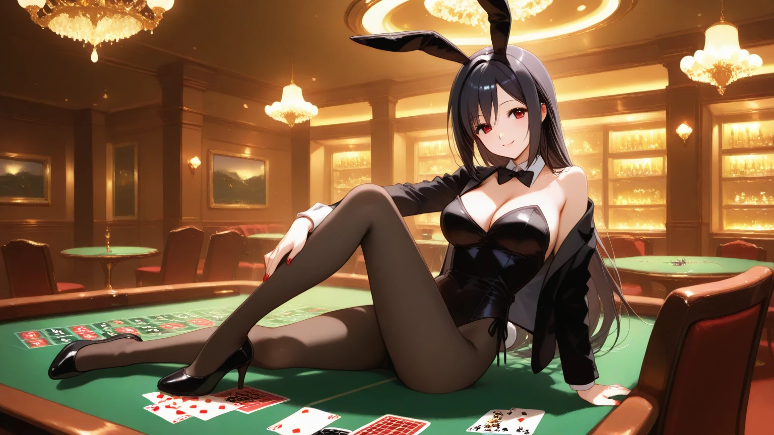 (Highest quality, 8k, masterpiece:1.3,beautiful girl), (masterpiece:1.3, Highest quality, Ultra-high resolution, Very detailed),Beautiful body, Beautiful breasts, Beautiful thighs, Beautiful legs, Beautiful fingers, Glowing Skin,(((Long Hair,Black Hair,Beautiful Hair))),(Perfect Anatomy, Anatomically correct, Very detailed肌), Cute and symmetrical face, Perfect Face, Perfect Eyes, ((Perfect Fingers, Five Fingers)), (((whole body,Draw the whole thing)))((Two Arms,Two Legs))((Woman 1,)),casino,In the crowd,Bunny girl,mini skirt,No sleeve,Lying at the roulette table,(((Seduce a man,Captivating look))),Please put your feet up,Spread your legs wide,Panties on thighs