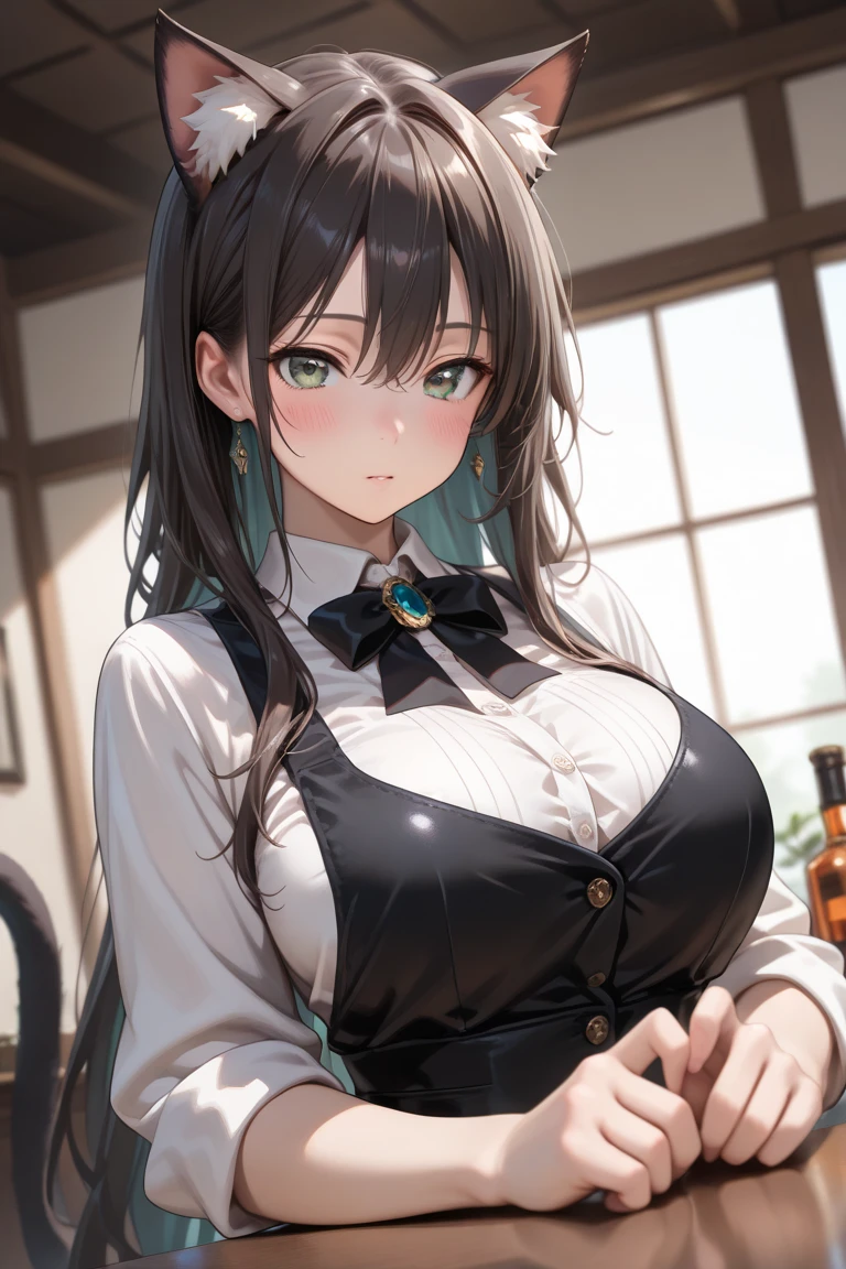 Please follow the all prompts below exactly and faithfully, This is a masterpiece of the most beautiful digital illustrations in the highest quality with maximum resolution, UHD, 512K, 2160p, 10 million ppi, 300 million dpi, natural tones, created with ultra-clear details, the highest realistic skin and hair texture, the most beautiful detailed eye features, a perfect anatomically correct human body, a beautiful background with depth, the rule of thirds, depth of field, and the best and most beautiful natural lighting, 1woman, sexy, 25years old, beautiful face, elegant woman, solo:1.3, Ultimate perfect body style, shiny black hair, ((long hair)), (hair over one eye:1.5), pony tail, beautiful blue eyes, beautiful big breasts, Maximize upturned breasts, glossy very thick lips, pink lipstick, very happy smile:1.5, Pink waitress uniforms, aprons, stainless steel circular trays, at the restaurant,