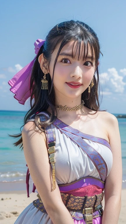 Smile、natta、Raw photography,((glistning skin))、1 girl、15 year old beautiful girl in Prague、bright expression、((brown haired))、(cleavage of the breast,slender waist,abs,zettai ryouiki:1.35)、((Big eyes that shine like jewels))、(female warrior, pure white ornate metal bikini armor:1.45), (emblems,golden shoulder metal armor:1.35), (tiara, circlet, elbow pads, cloak, earrings:1.15)、Glossy glossy skin、((light purple and Black:1.3) short Smooth and silky pigtails hair):1.2),(blunt bangs:1.2)、(is standing)、(frombelow)、eye liner、Beautiful bangs、Hair between the eyes、((​masterpiece、top-quality、Ultra-detail、Film Light、intricate-detail、hight resolution、ighly detailed)),(Droopy eyes, Natural Makeup、Ultra-high definition beauty face:1.35)、(Ultra high resolution perfect beautiful teeth, Mid-chest, Tight waist, toothy smile:1.15)、Ultra HD Shining Eyes、Super high quality glossy lip,(standing on the beach with high waves:1.35)