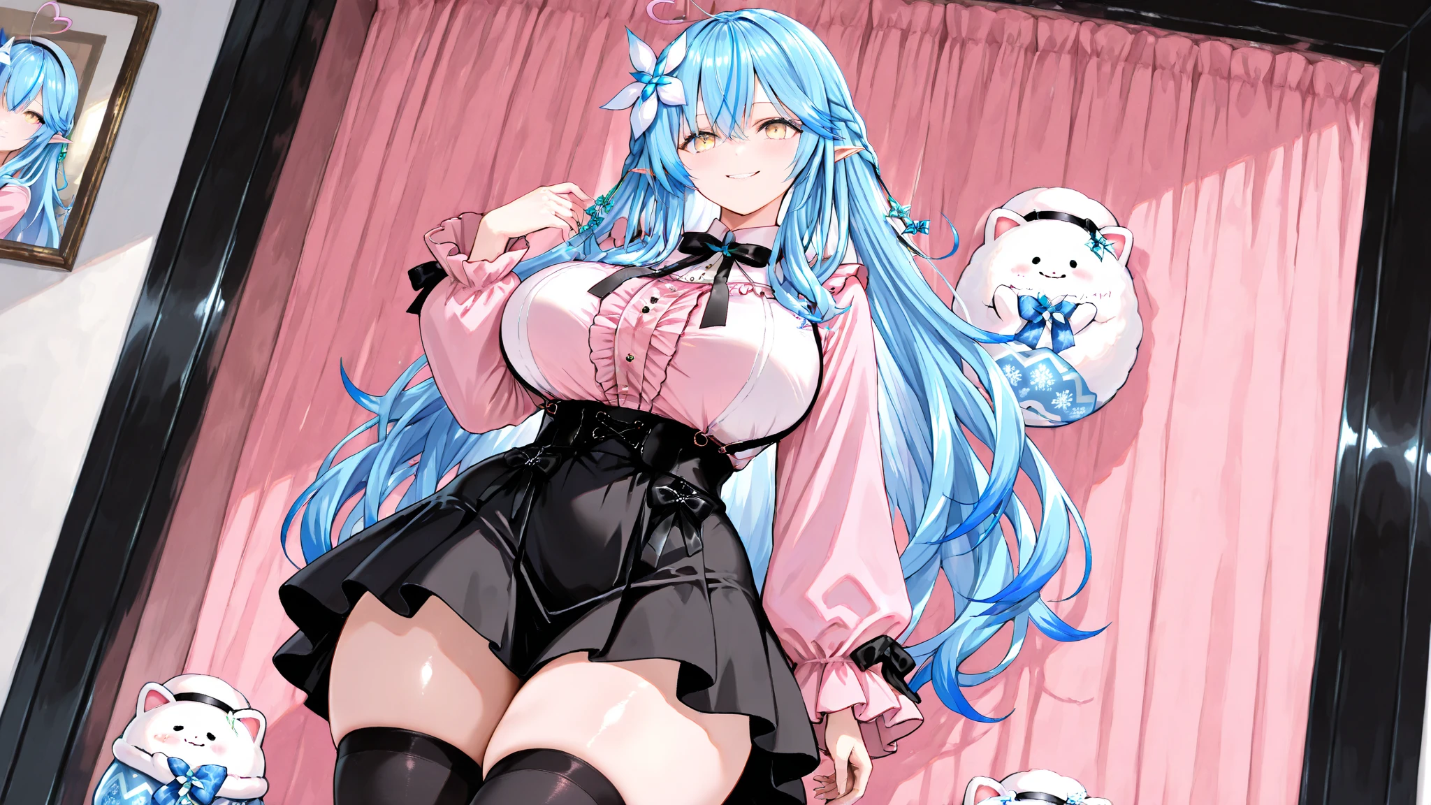 Second Dimension、Adult women、front、stand、Open your mouth、Green Eyes、smile、Squint your eyes、Float your heart、Long Hair、Light blue hair、Sweat、Chubby、fat、Large around the waist、Place hands on hips、chest、valley、clavicle、valley、White underwear、Thick thighs、Pink hoodie、Shorts、Knee-high socks、Sigh、room、Stand lamp