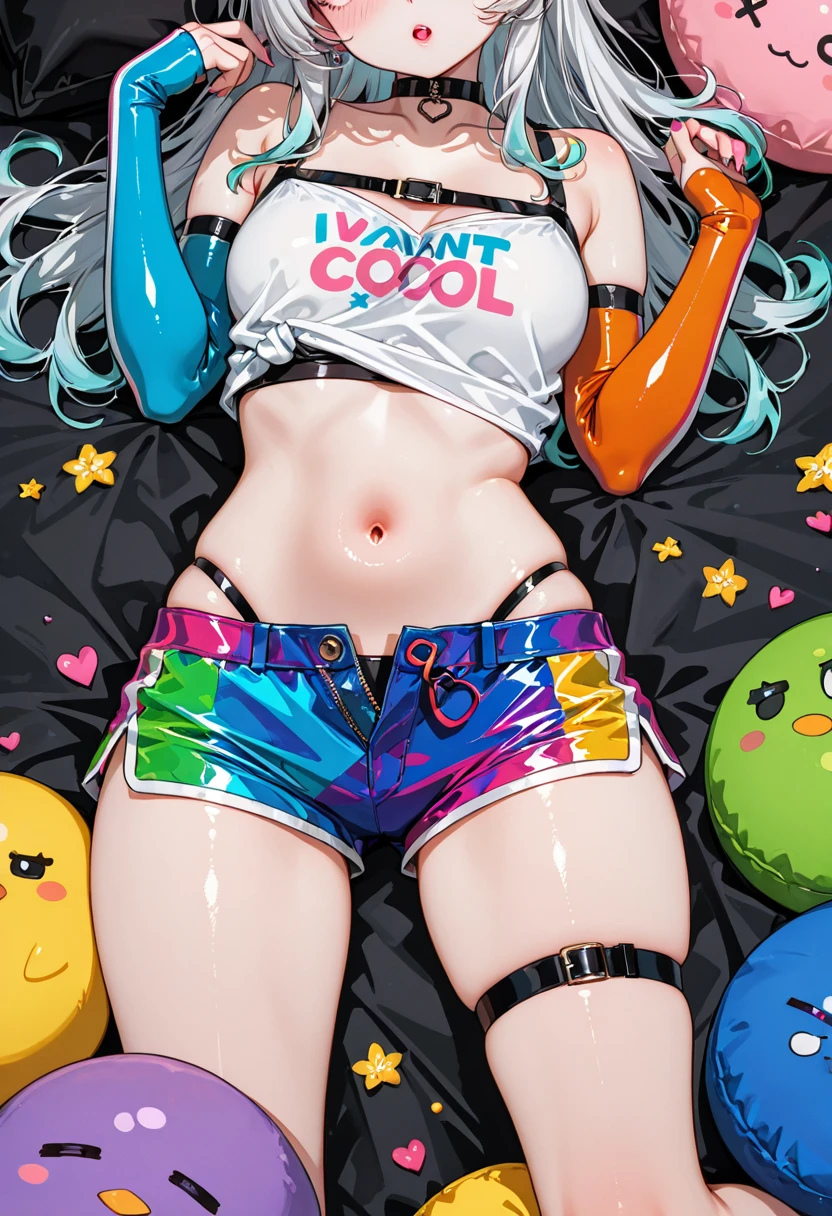 Sexy busty woman wearing (big diaper) magical, colorful, detailed, surprised, happpy, huge inflated breasts, wide hips, seductive, ((mommydom)), bokeh, (latex), cleavage, fishnets, goth, ahego, (inflatables)