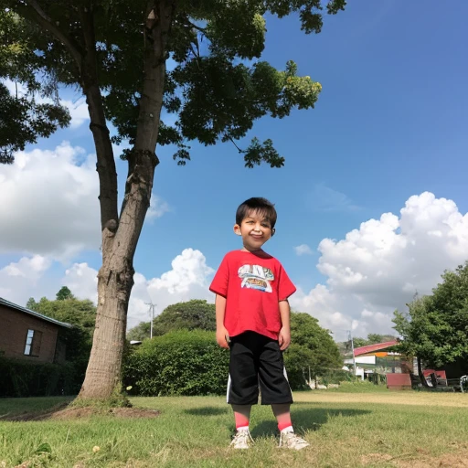 Little boy sitting on the grass,Wears short white sleeves,shorter pants,Prop your hands on the ground,No shoes,The right foot is raised to see the soles of the feet in realistic anime 3 D style, a digital rendering,Photorealistic anime