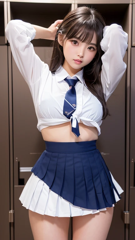 1girl, white skin, long hair, korean, young, bright blue eyes, thick eyebrows, freckles on skin, head tilted, one ear out, smiling, teeth out, school uniform, tight big waist, wide thighs, wide thigh gap, on all fours, inside restroom cubicle, hyper-realistic, high detail, 8k, masterpiece