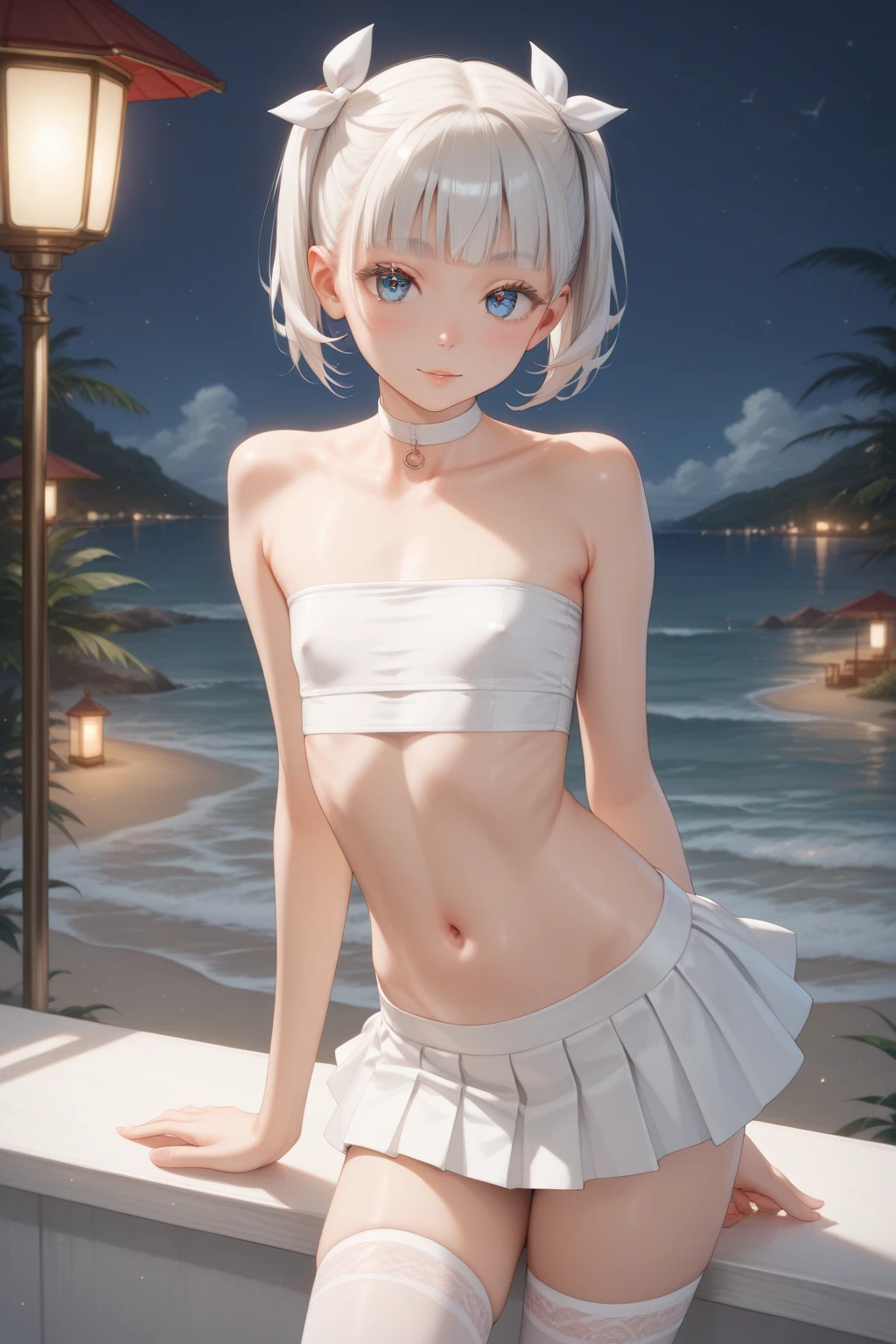 Masterpiece, Best Quality, Super Detailed, High Definition, Expensive Resolution, HDR, 4k, 8K, Unity 8k Wallpaper, Super Detailed CG, Masterpiece, Realistic, 2D, 3D, Beautiful Details, Depth, Fine Texture, Super Fine: 1.3, Full concentration, crispy skin, him, very cute anime girl, bikini, expensive silver short hair, one girl, palm tree, seaside, silver short hair, bikini, full body, mole under the eye, glance, expensive, blush, parted lips, hair ornament, heart, purple eyes, choker
