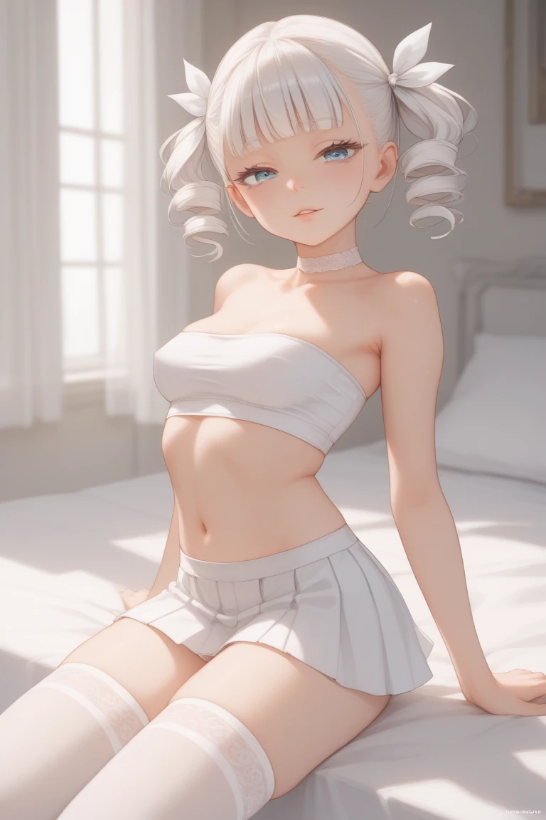 blonde, short hair, girl１, in the Living room, sofa, from side, upper body, completely nude, (small nipples:1.2), (small areolas:1.2), kawaii, cute, pale purple eyes,(shy), (blush),light smile, (White nude apron:1.2),
