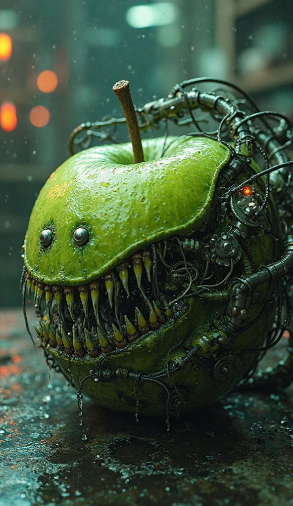 A scary monster apple in the shape of a bomb accompanied by hands and feet with a background of nuclear explosions in a laboratory