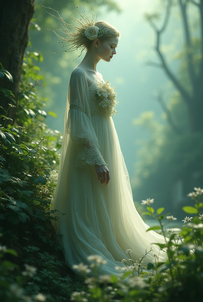 Hauntingly beautiful scene: Iris Van Herpen's designs unfold like delicate flowers amidst a misty forest. Octane rendering yields a smooth, ethereal quality. Artistic influences blend as Gustav Klimt-inspired gold accents meet Nixeu and Ian Sprigger's mystical ambiance. Wlop and Krenz Cushark's dreamlike essence seeps into the atmosphere. A model's figure is enveloped in transparent lace, like a ghostly apparition. Framing: soft focus, atmospheric lighting, and a subtle gradient of greens and blues evoke an otherworldly sense of mystery.