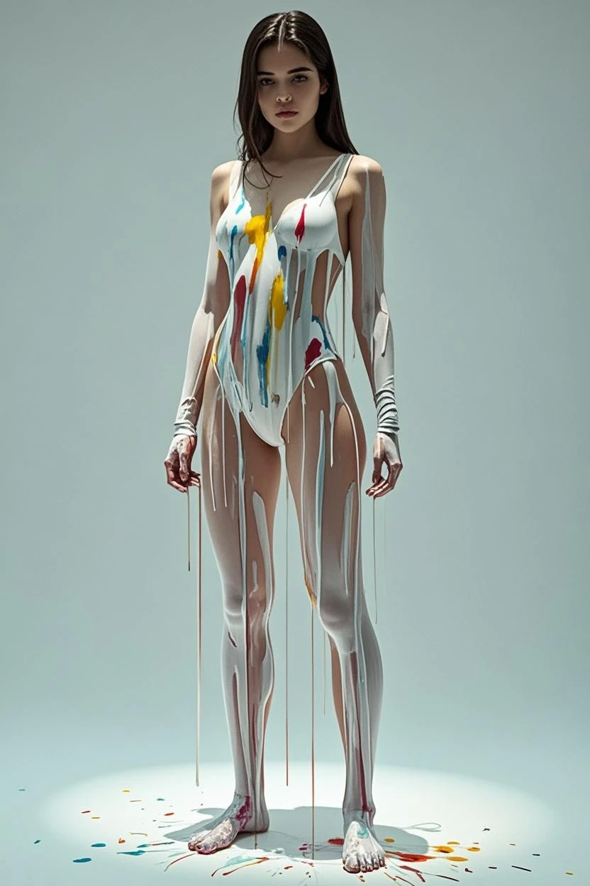 a one woman ((( face de Emma Watson:0.9))) in a costume made of paper and scissors, inspired by David LaChapelle, full frontal shot, full body front view, bold rave outfit, Thierry Mugler, cables on her body, electric woman, her body made of flames, orange and yellow costume, cyborg model, full body with costume, inspired by Tadanori Yokoo, full body shot photograph