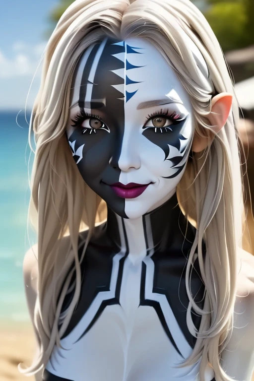 Black cat from marvel, ultra realistic photo, 8k hdr, pure white skin, white silver long hair, black designed eye mask, perfect face, perfect shape body, above large breasts, nsfw, seductive, posing to viewer, 3d
