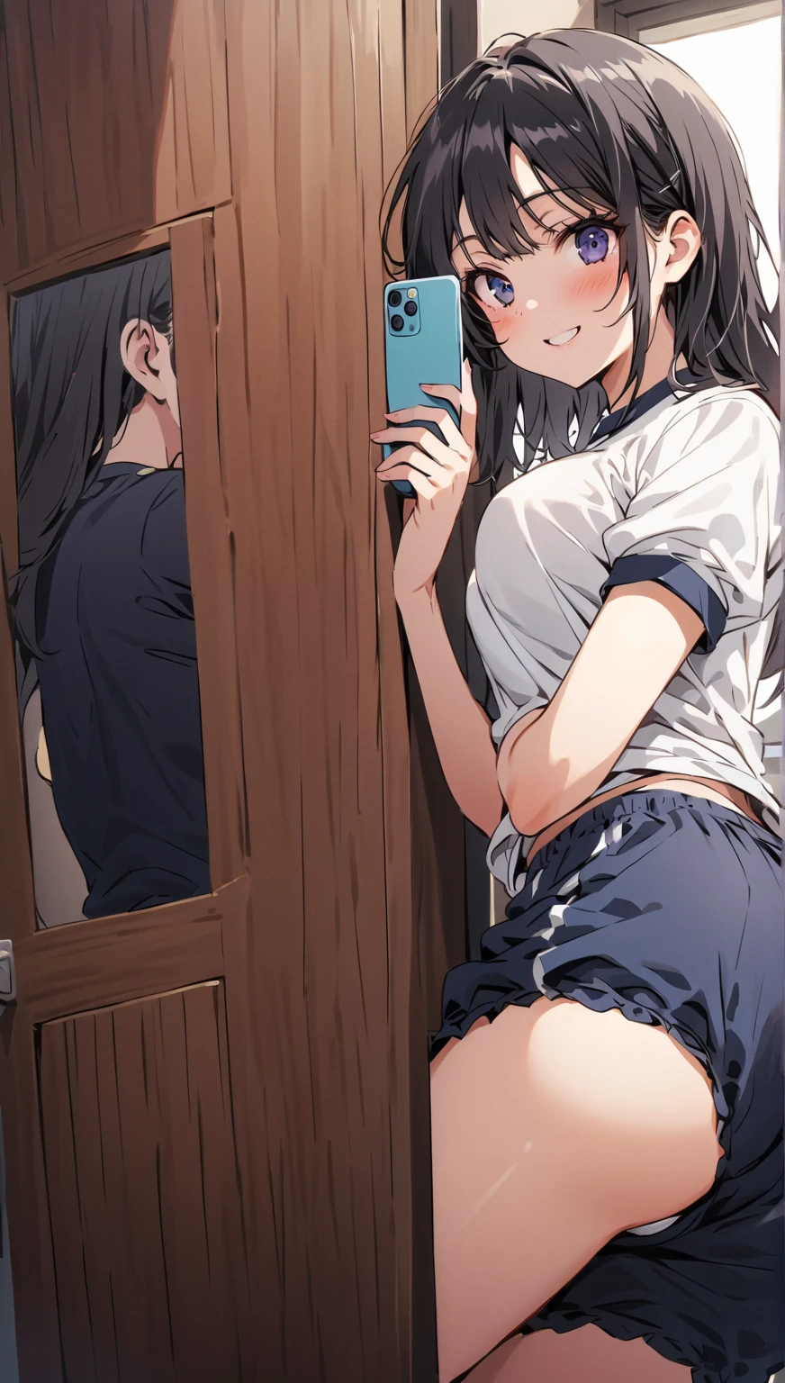 1girl, cellphone, holding phone, looking at phone, blush, clothed, clothed masturbation, drooling, fully clothed, masturbation, mesmerized, nipple bulge, stealth masturbation, open mouth, long hair, breasts, thighhighs, black hair,
BREAK
score_9, score_8_up, score_7_up, score_6_up, source_anime, rating_safe