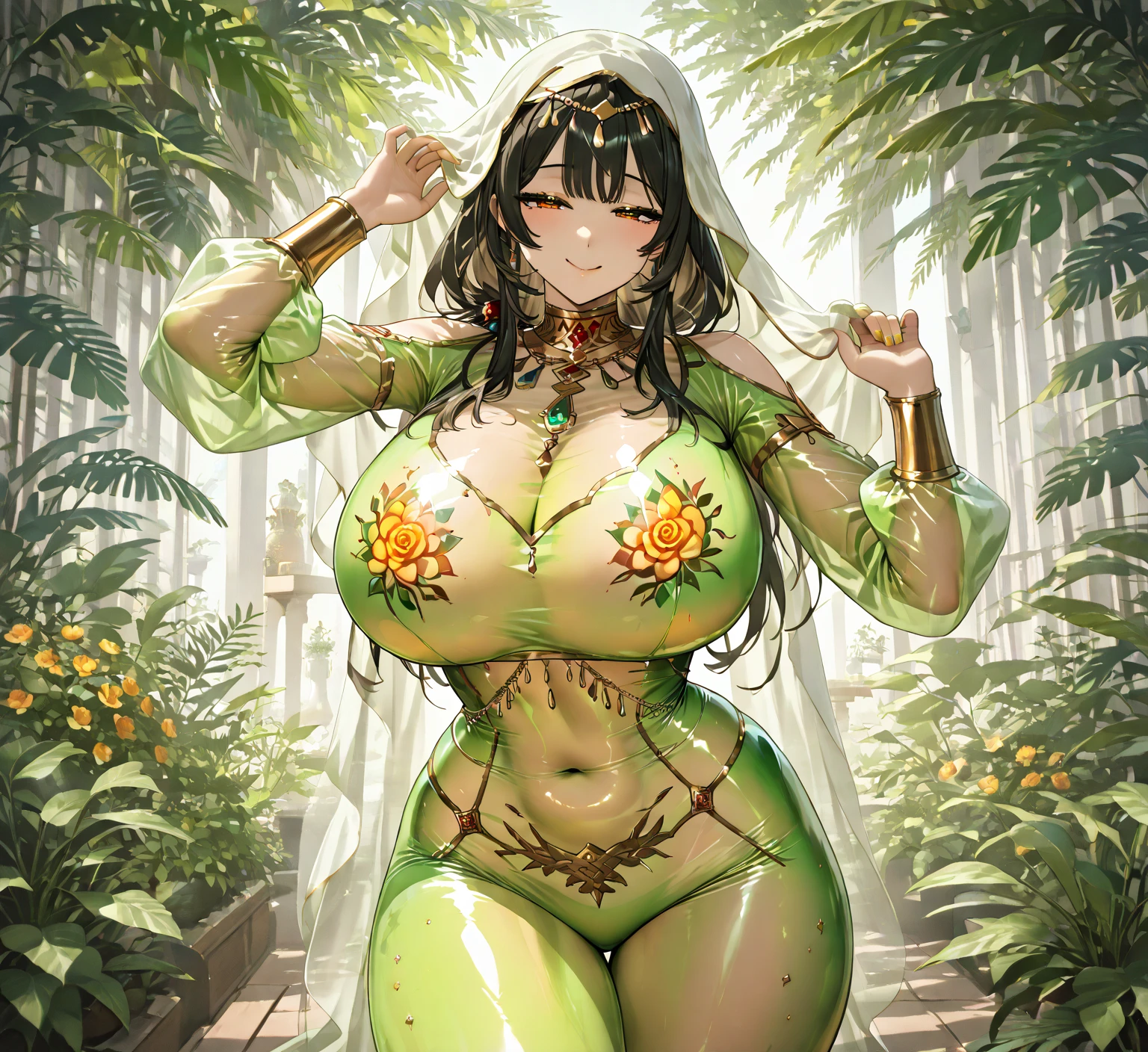 Wild Sundanese Indonesia, Sundanese Culture, Sundanese Art, Sundanese Style, Marijuana Goddess, exotics, full body shot, extreme tanned skin, extreme long black straight hair messes over naked boobs, huge batik green marijuana leaf headdress, big cheeks, long legs, curvy, thick, busty, indigenous gold and green batik breast painting, breast painted green and gold, indigenous gold and green batik facial painting, huge batik green marijuana leaf necklace, honey eyes