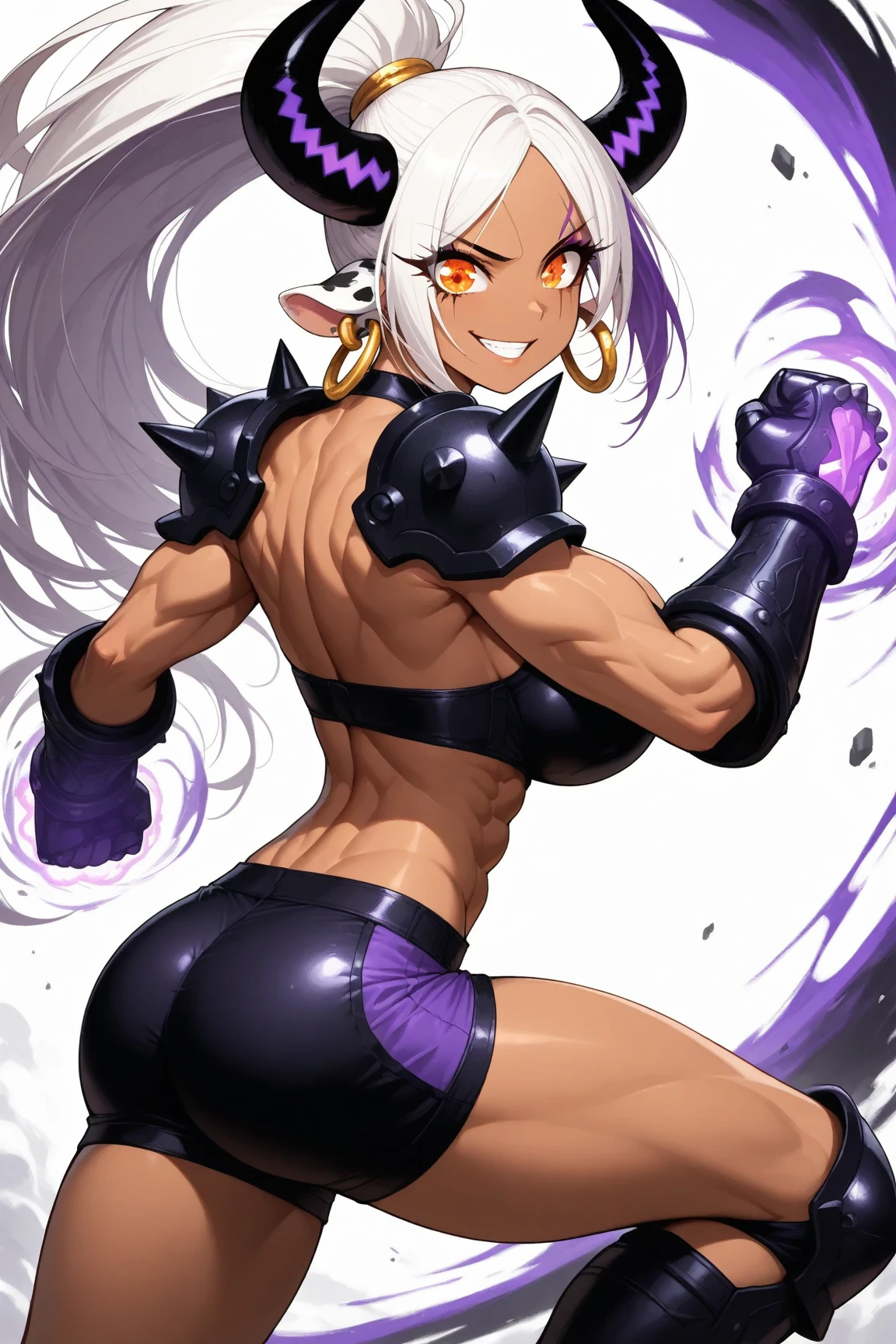 1girl, alone, Saiyan, white hair, green eyes, defined muscles, thin waist, wide hips, dark skin, medium breasts, no clothes, nude, bobs, ,futanari, big dick, has dick, using dick, dick between her groin, girl with long dick, girl with her own dick, big balls between her groin .