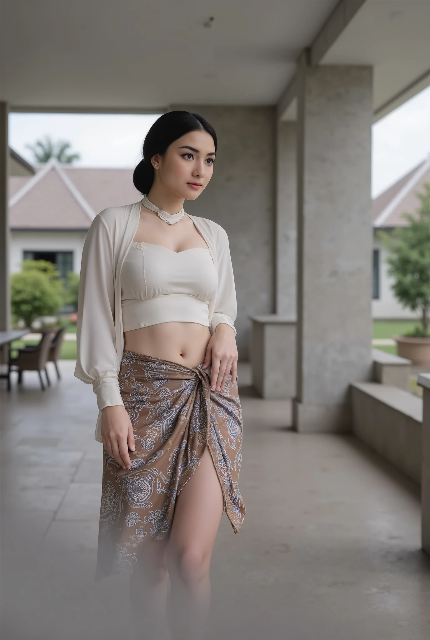 ((Best Quality, 8k, Masterpiece: 1.3)), Focus: 1.2, Perfect Body Beauty: 1.4, Buttocks: 1.2, ((Layered Haircut)), (Wet Clothes: 1.1), (Rain, Street:1.3), (Breasts: 1.2), (Hanfu: 1.2), Bare Shoulders, Bare Legs, Highly Detailed Face and Skin Texture, Fine Eyes, Double Eyelids, Whitened Skin, Long Hair, (Shut Up: 1.5), (Bokeh Background: 1.5), Big Breasts,The photo depicts a young woman standing in front of traditional architectural structures. She is dressed in a stylish combination of modern and indonesian traditional attire. The woman is wearing a white strapless top that accentuates her shoulders and upper body, paired with a patterned ultra mini sarong-like skirt, which features intricate designs in shades of brown, white, and black. She also has a light, sheer shawl draped over her arms, adding an elegant touch to her outfit. Her hair is styled in a neat updo, and she has a serene, confident expression on her face. The background is slightly blurred, with a few indistinct figures and traditional wooden buildings, suggesting the photo was taken in a culturally significant location,show the Bearsts,nude top