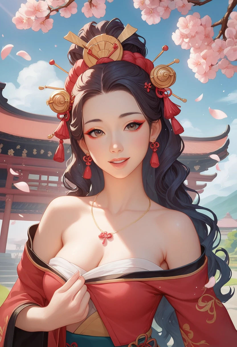 (The gorgeously sexy adorned geisha, embodying a harmonious blend of grace and allure, symbolizes traditional Japanese beauty and elegance. She is depicted in a stunningly detailed painting, with intricate details shining through her delicate features and flowing kimono. The composition captures her serene expression and delicate gestures with a sense of perfection and refinement. This high-quality image exudes a sense of timeless beauty and cultural richness.