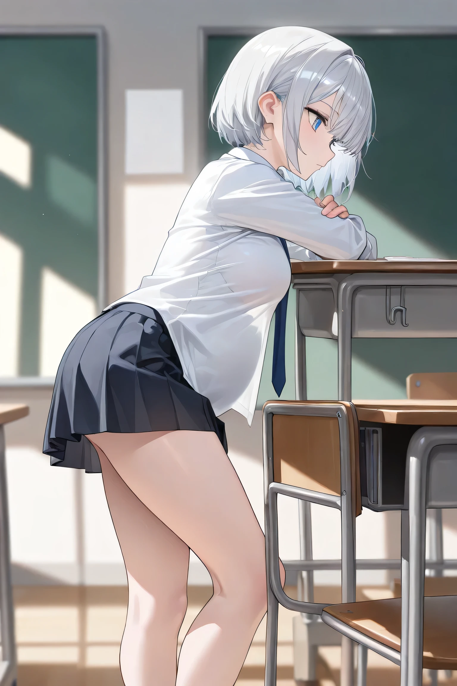 white hair, long hair, s eyes:1.5), (Large Breasts:1.2),
Rest special short skirt, skirt, White shirt， Setofuku,Low-cut，Cleavage，With eyes closed，boots，
Resting looking at viewer,
Rest indoors, Classroom break (masterpiece:1.2), best quality, high resolution, Unity 8k Wallpaper, (illustration:0.8), (Beautiful and delicate eyes:1.6), Extremely detailed face, Perfect lighting, Extremely detailed CG, (Perfect hands, Perfect anatomical structure),
