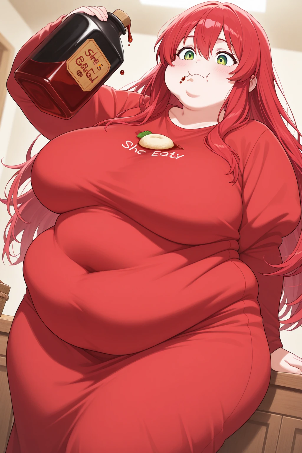 big belly, sitting, pregnant, fat, large stomach, fatty, fat, large belly, standing, fat belly, very fat, large stomach, chubby,very fat, safe for work, obese, giant belly, fat, huge, heavy, very fat, safe for work, fat, large belly, big belly, very fat, large stomach, chubby (best quality, masterpiece), Junko Enoshima, Christmas, wearing sweater, table with food, fat