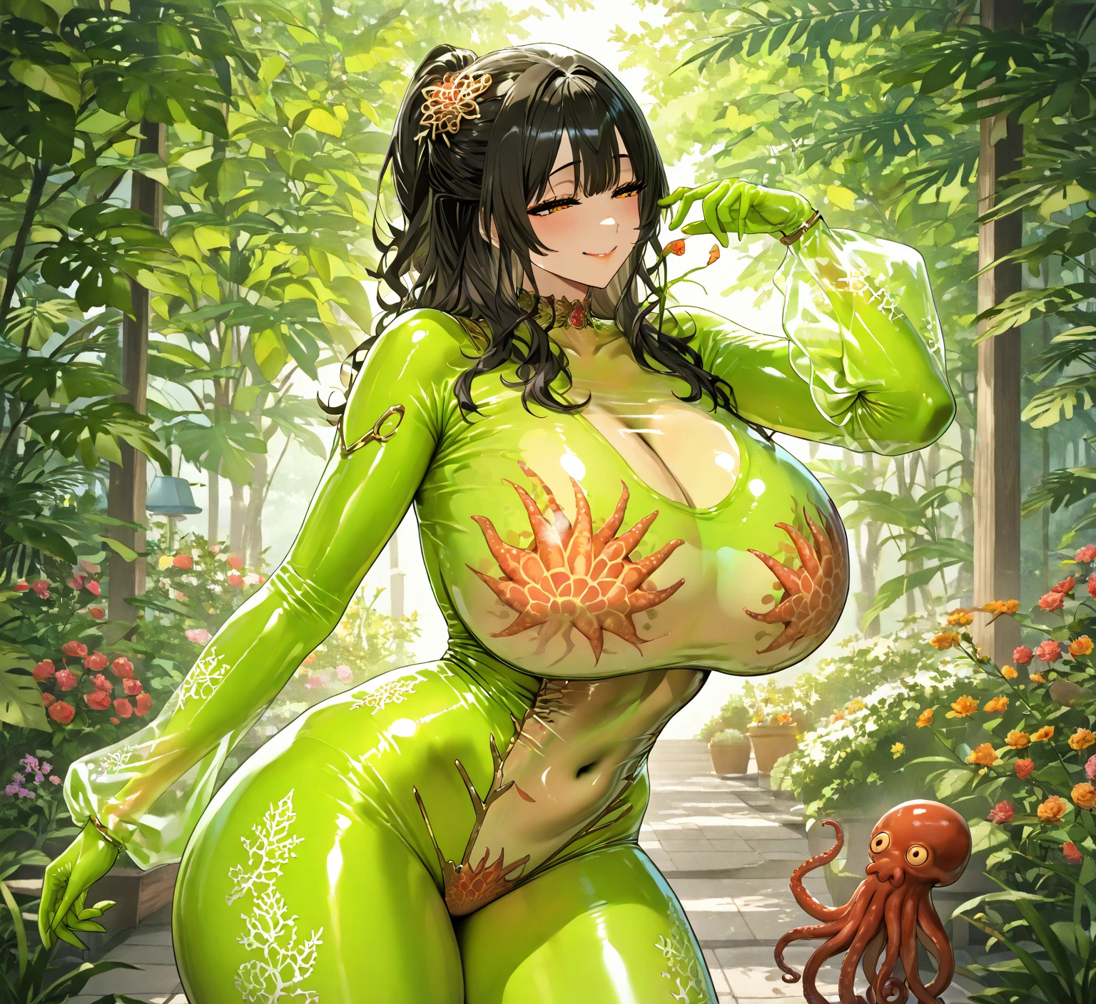 (best qualityer, work of art),SEXY MOM,  Erotic, 18+, nsfw, 1 girl, 30 years old, scorn, pride, hourglass figure, high-heels, microbiquini, short black hair,detailed green glowing eyes, opening the legs, camels toe, Kale
