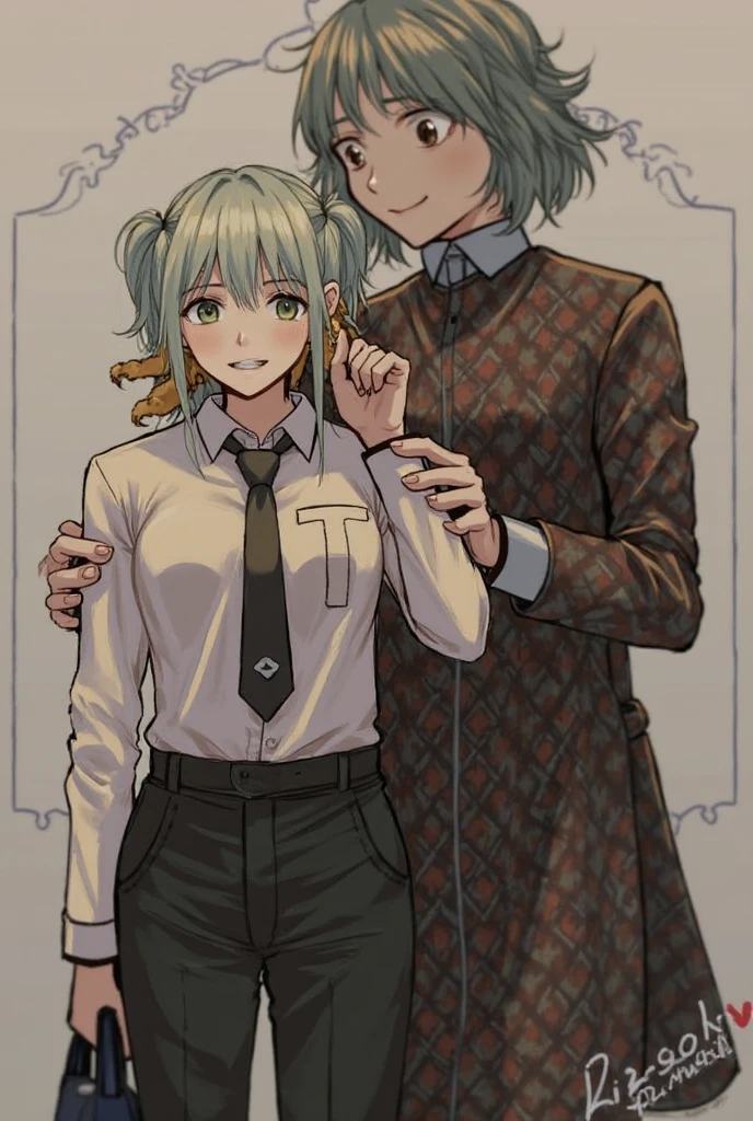 (masterpiece:1.2, best quality), (intricate details, depth of field), (2girls:1.7), highly-detailed, perfect face, (skindentation), (hand supporting waist:1.2), zerochan art, top pixiv art, chain on neck, (looking at another:1.4), white shirts, black trousers, belt, tie, black coat