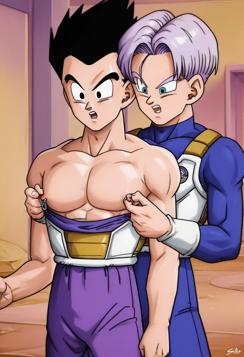 1 futanari, Saiyan, white spiky hair combed back,super saiyan, green eyes,slim, thin waist, wide hips, brown skin color, medium breasts, futanari, nudes, no clothes, huge dick, large dick, steamy dick, veins, girl girl doing suck futanari dick.