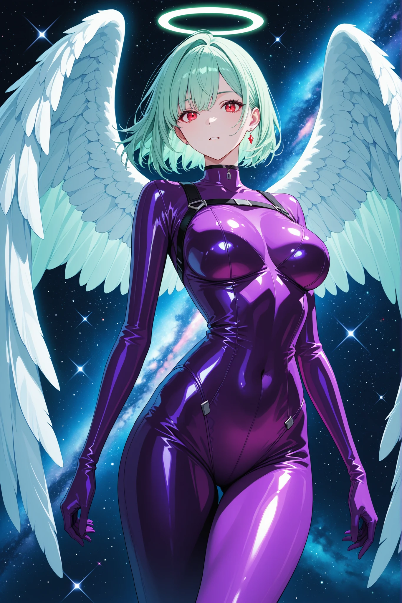 Aesthetic Resolution, Attractive Woman, solo, clear red eyes, Clear green hair, her giant angel wings、 gently enveloping her , She is wearing a purple latex suit, 
Aesthetic natural light, spectacular space-time background, top quality, 