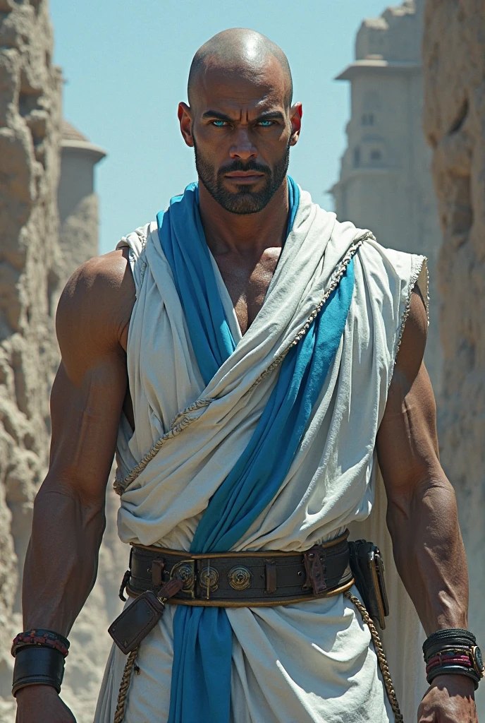 A tall, muscular Arab man in his 20s, Shirtless, sweaty and ragged attire, standing in a rustic village setting, high detail, realistic, dynamic lighting, portrait, character design, cinematic atmosphere, masterpiece .