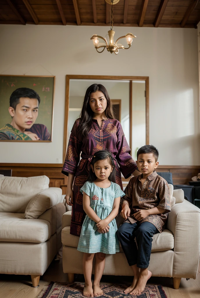 Portrait of indonesian family, (40 years old mom with long black hair), (20 years old girl wear hijab), ( girl wear hijab), (1 boy), ( boy), look at the viewer, realistic photograpy, sit on sofa in the decorative indoor studio, cinematic, hyper realistic, super detail, HD 8K.