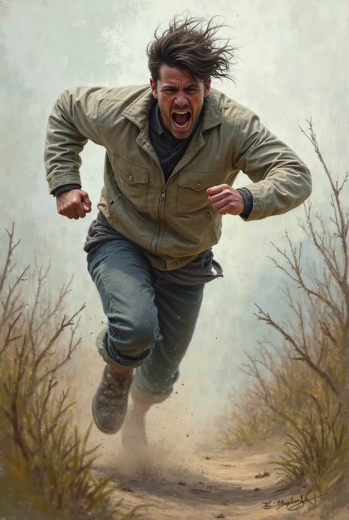 A rough oil paint of a man breaking his leg while running