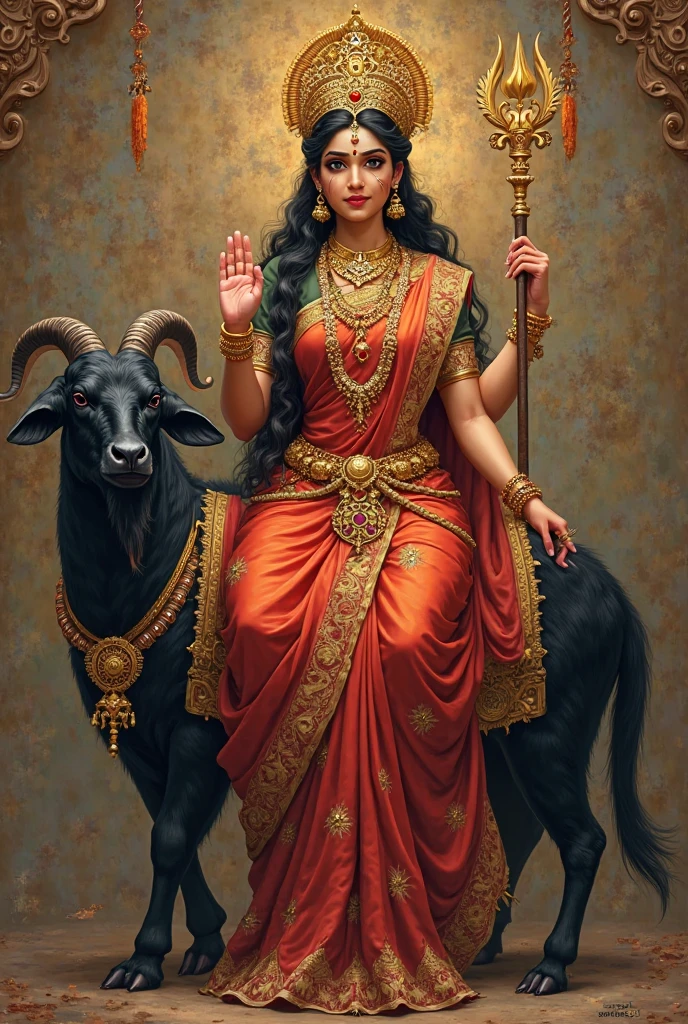 Meldi maa seeting on a male black goat with their 10 hands