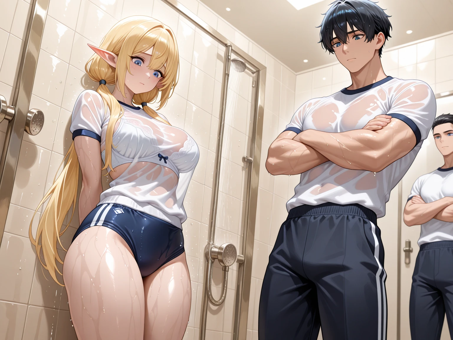 masterpiece, best quality, (1 girl), nice hips, slut, slutty bimbo, medium breasts, smile, slut, young bratty girl, wide hips, (white crop top), (bare ass), (public bathroom), toilet, detailed eyes, pink and white outfit, straight hair, blonde, ((man)), (sex), glancing over shoulder, moaning, (loose hair), (1 man:1.5), (visible man), doggystyle, vaginal, sex, pussy, penis, (man fucking woman), man standing behind woman, ((visible man)),