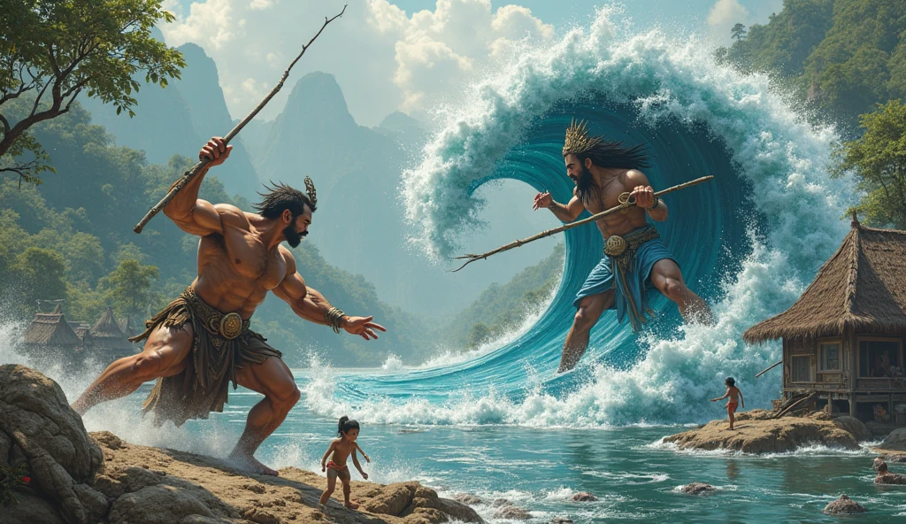 1 God fisherman with blonde curly hair ,1 god fisherman with long black hair with huge muscles ,1 god fisherman with brown short curly hair ,animated with big muscles catching hug fish