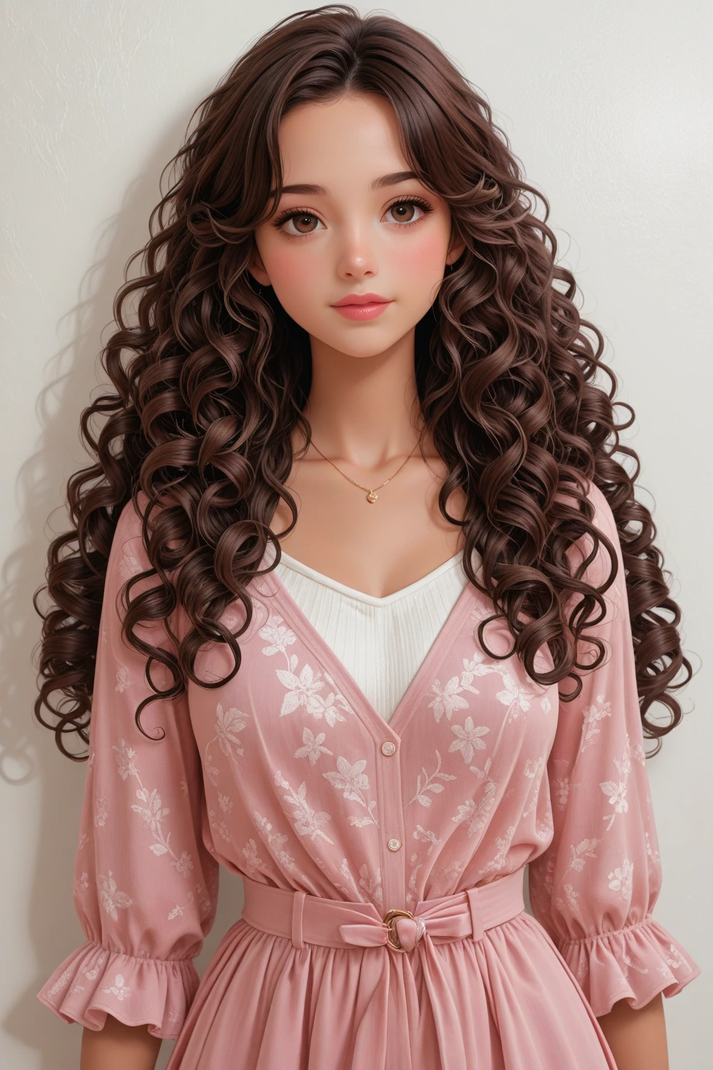 curtain, curly brown hair but it's not black power, Brown eyes, 14歳, tender, In school, with board uniform, use device, does not wear earrings, nice,