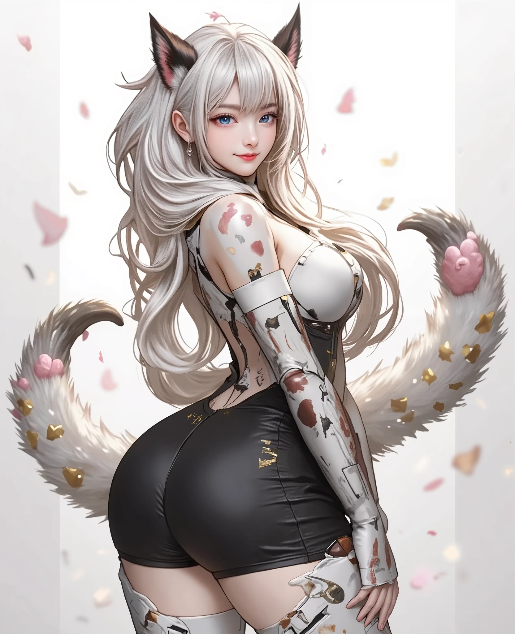 Anime, Anime style, masterpiece, best Quality, beautiful detailed eyes, beautiful detailed lips, very detailed eyes and face, Quality_masterpiece, detailed depiction of skin, solo, covered in fur, anthro, covered in fur leopard, Woman, Young adult, white fur, soft and fluffy fur, 手足の代わりにMeatball, Fox Tail, leopard ear , Meatball, beautiful , charming, glamorous body, big boobs, huge ass, Very Thick Thighs, pretty face, medium hair, messy hair, gray hair, blue eyes, EXCITING, happy, Smile Yan, wear mini tank tops, visible abdomen , wear sports shorts