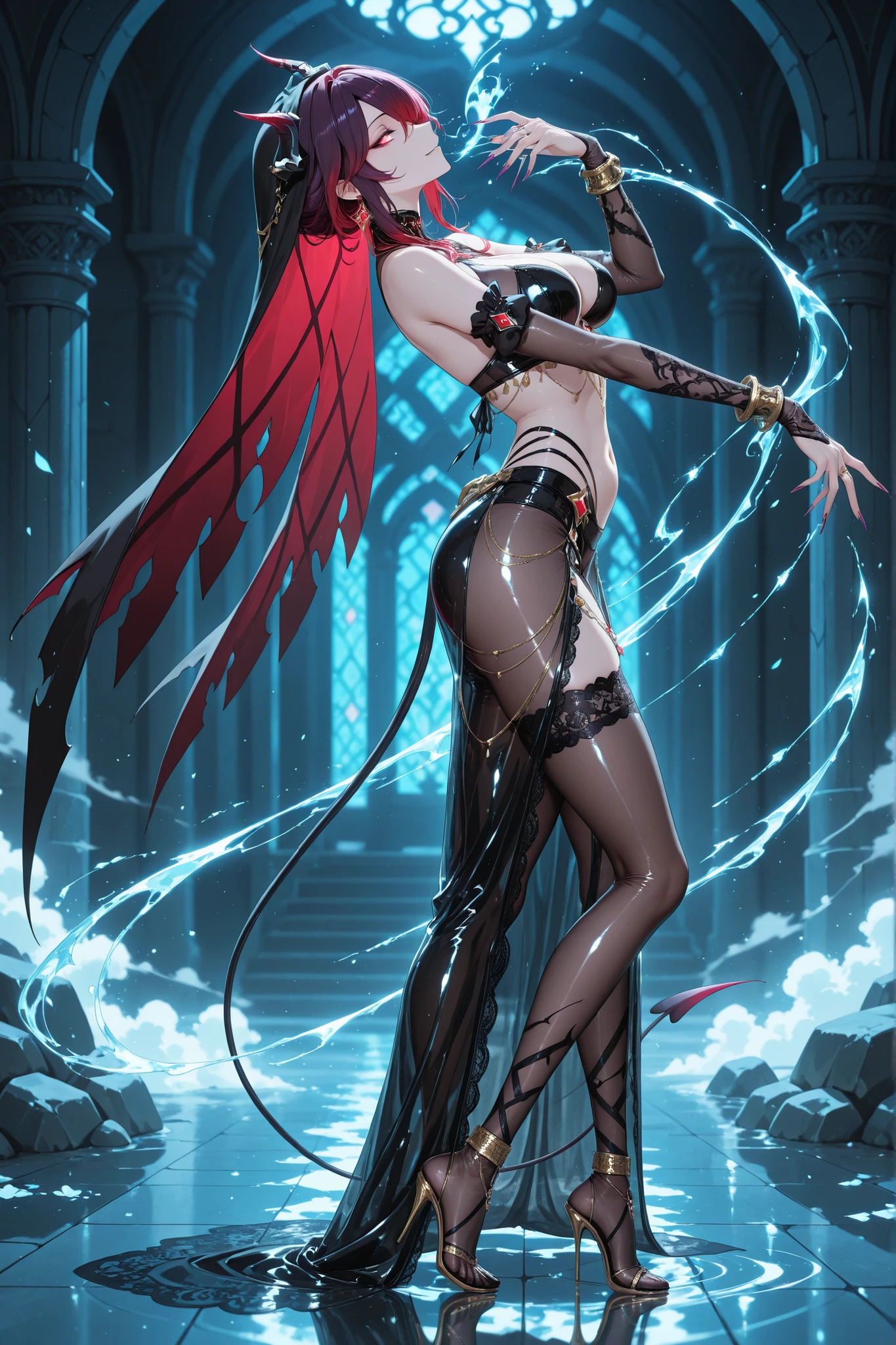 Genshin, Rosalia, solo, Extremely Ridiculous Clergyman, Mixed Witch and Succubus System,
Something Sharp to Scratch You, long toe, from side, dynamic,
Dark Rouge Hair, Opaque and Shiny Eyes, Transparent Reflections, belly dancer-like outfit, Clear Latex Lace, Extremely long nails,
Slim and Ornate System, Detailed and Attractive Expression, Seductive Demons,
Ruthless, sharp and captivating , Blade-like Personality,
mihoyo, fan art,