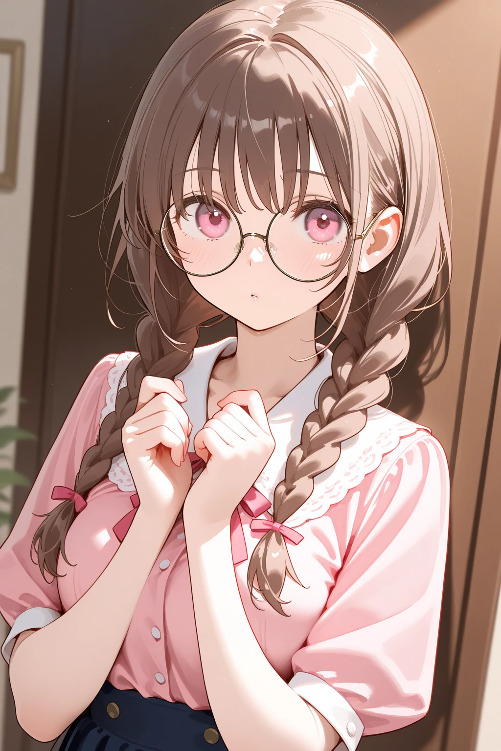 (Ultra-high resolution of the highest quality, masutepiece, Best Quality, 8K, Super Detail, Best Quality:1.3), (Anatomically correct:1.2), (1 girl:1.2), (junior high school student:1.6), (middle breasts:1.2), (drooping eyes:1.3), (blush cheek, blush body:1.3), (wavy hair, braid hair:1.2), (long hair:1.2), (black hair:1.2), (cat ear band:1.4), (glasses:1.3), (collar:1.3), (printed t-shirt, skirt:1.6), (girl's own room:1.4), front view, Extremely cute, (extremely detailed beautiful face), Authentic skin texture, beautiful hair, beautiful face, beautiful eyes, beautiful body, beautiful hands, (sexual aroused, naughty face, seductive smile, trance, orgasm:1.8), (steam:1.4), (sweat:1.6), (hair over eyes:1.3), (looking up:1.3), (open mouth:1.4), (face focus:1.6), cleavage breasts focus, (from above:1.4), (all fours:1.6)